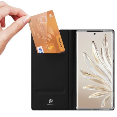 Huawei Honor 70 „Dux Ducis“ Skin sērijas melns ādas atvērams maciņš | Vacins.lv