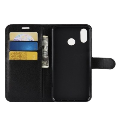 Huawei Honor Play atverčiamas juodas odinis Litchi dėklas - piniginė | Priedai.lt