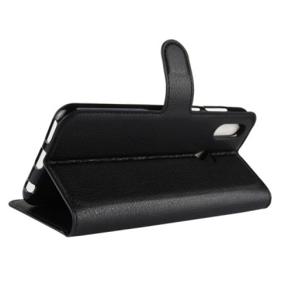 Huawei Honor Play atverčiamas juodas odinis Litchi dėklas - piniginė | Priedai.lt