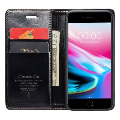 Apple iPhone 7 (iPhone 8) „CaseMe“ Leather solīds atvēramais ādas melns maciņš - maks | Vacins.lv