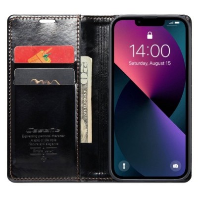 Apple iPhone 13 „CaseMe“ Leather solīds atvēramais ādas melns maciņš - maks | Vacins.lv