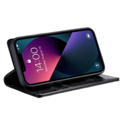 Apple iPhone 13 „CaseMe“ Leather solīds atvēramais ādas melns maciņš - maks | Vacins.lv