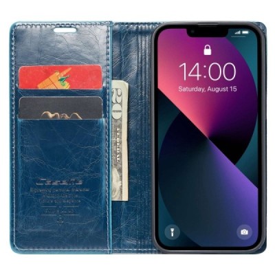 Apple iPhone 13 „CaseMe“ Leather solīds atvēramais ādas zils maciņš - maks | Vacins.lv