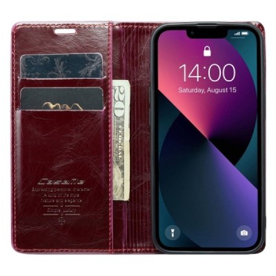 Apple iPhone 13 „CaseMe“ Leather solīds atvēramais ādas bordo maciņš - maks | Vacins.lv