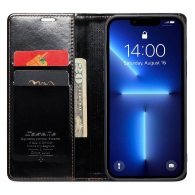 Apple iPhone 13 Pro „CaseMe“ Leather solīds atvēramais ādas melns maciņš - maks | Vacins.lv
