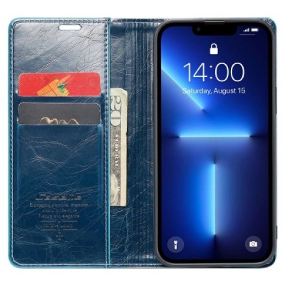 Apple iPhone 13 Pro „CaseMe“ Leather solīds atvēramais ādas zils maciņš - maks | Vacins.lv