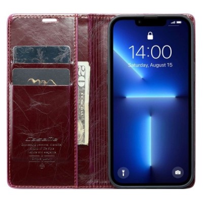 Apple iPhone 13 Pro Max „CaseMe“ Leather solidus atverčiamas bordo odinis dėklas - knygutė | Priedai.lt