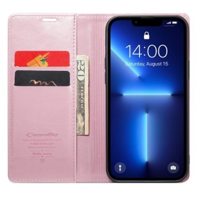 Apple iPhone 13 Pro Max „CaseMe“ Leather solīds atvēramais ādas rozs maciņš - maks | Vacins.lv