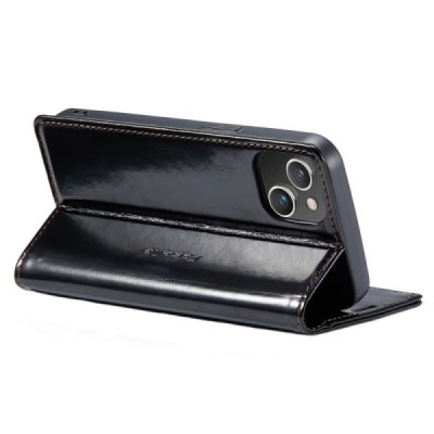 Apple iPhone 14 „CaseMe“ Leather solīds atvēramais ādas melns maciņš - maks | Vacins.lv