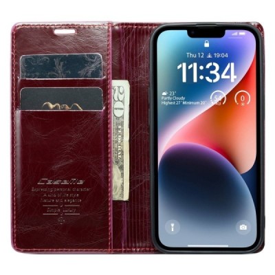 Apple iPhone 14 „CaseMe“ Leather solīds atvēramais ādas bordo maciņš - maks | Vacins.lv