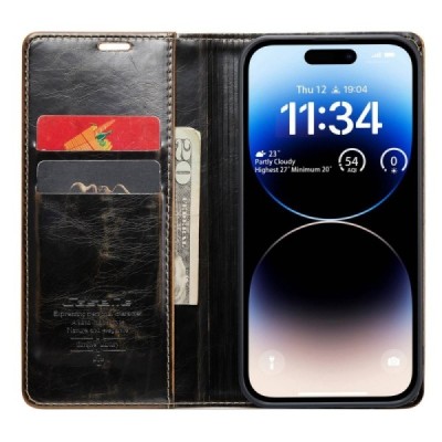 Apple iPhone 14 Pro „CaseMe“ Leather solīds atvēramais ādas brūns maciņš - maks | Vacins.lv