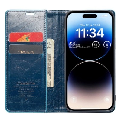 Apple iPhone 14 Pro „CaseMe“ Leather solīds atvēramais ādas zils maciņš - maks | Vacins.lv