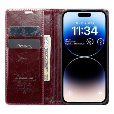 Apple iPhone 14 Pro „CaseMe“ Leather solīds atvēramais ādas bordo maciņš - maks | Vacins.lv