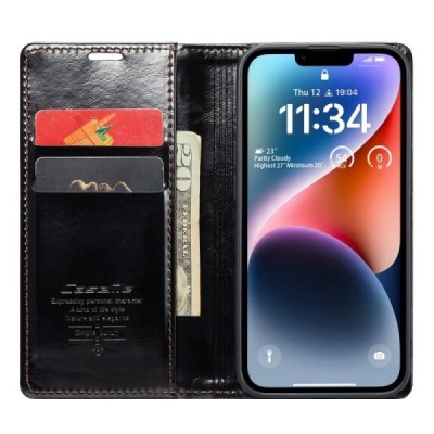 Apple iPhone 14 Plus „CaseMe“ Leather solīds atvēramais ādas melns maciņš - maks | Vacins.lv