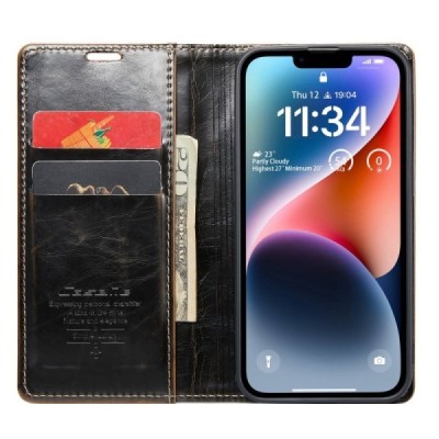 Apple iPhone 14 Plus „CaseMe“ Leather solīds atvēramais ādas brūns maciņš - maks | Vacins.lv