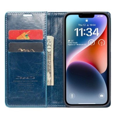 Apple iPhone 14 Plus „CaseMe“ Leather solīds atvēramais ādas zils maciņš - maks | Vacins.lv