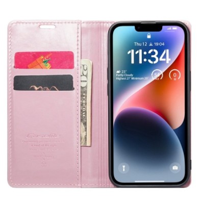 Apple iPhone 14 Plus „CaseMe“ Leather solīds atvēramais ādas rozs maciņš - maks | Vacins.lv