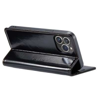 Apple iPhone 14 Pro Max „CaseMe“ Leather solīds atvēramais ādas melns maciņš - maks | Vacins.lv