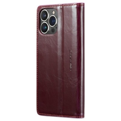 Apple iPhone 14 Pro Max „CaseMe“ Leather solīds atvēramais ādas bordo maciņš - maks | Vacins.lv