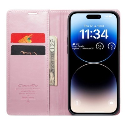 Apple iPhone 14 Pro Max „CaseMe“ Leather solīds atvēramais ādas rozs maciņš - maks | Vacins.lv