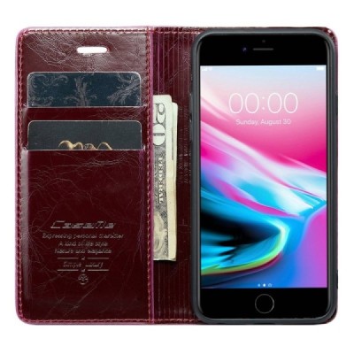 Apple iPhone 7 (iPhone 8) „CaseMe“ Leather solīds atvēramais ādas bordo maciņš - maks | Vacins.lv