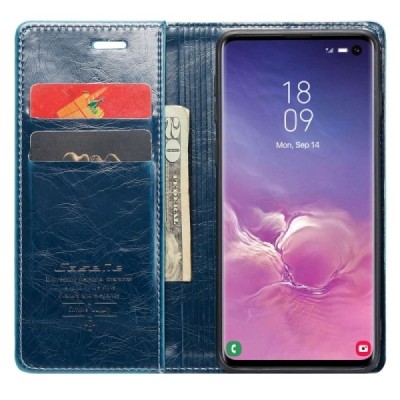 Samsung Galaxy S10 (G973) „CaseMe“ Leather solīds atvēramais ādas zils maciņš - maks | Vacins.lv