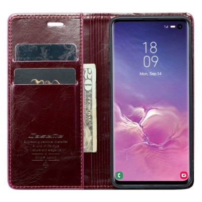 Samsung Galaxy S10 (G973) „CaseMe“ Leather solīds atvēramais ādas bordo maciņš - maks | Vacins.lv