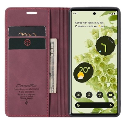 Google Pixel 6 CaseMe Retro solīds atvēramais ādas bordo maciņš - maks | Vacins.lv