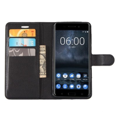 Nokia 6 atvēramais melns ādas Litchi maciņš (maks) | Vacins.lv