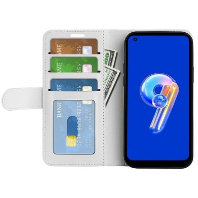 Asus Zenfone 9 (AI2202) atverčiamas baltas odinis dėklas - piniginė | Priedai.lt