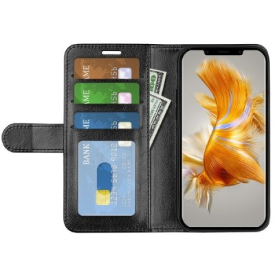 Huawei Mate 50 Pro atverčiamas juodas odinis dėklas - piniginė | Priedai.lt