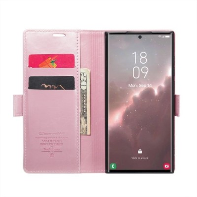 Samsung Galaxy S23 Ultra (SM-S918) solīds atvēramais ādas rozs maciņš - maks | Vacins.lv