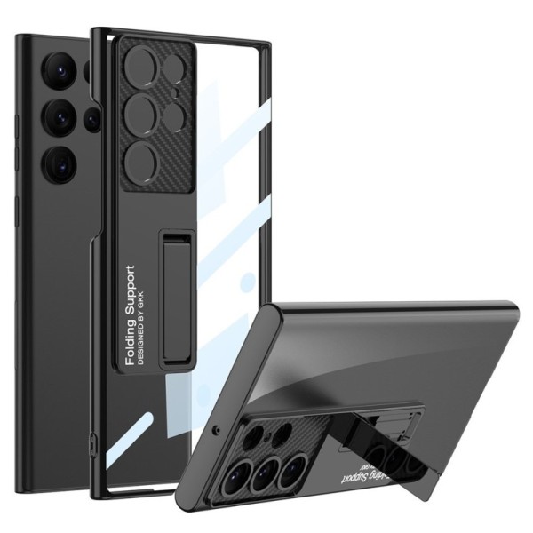„GKK“ Kickstand plastmasas dzidrs apvalks - melns (Galaxy S23 Ultra)