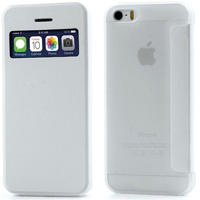 Atvēramais „S-View“ stila balts Apple iPhone 5, Apple iPhone 5S futrālis (maciņš) / Vacins.lv