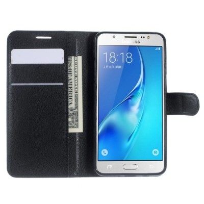 Samsung Galaxy J5 2016 (J510) atvēramais melns ādas Litchi maciņš (maks) | Vacins.lv