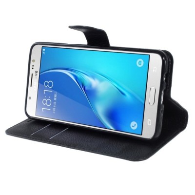 Samsung Galaxy J5 2016 (J510) atvēramais melns ādas Litchi maciņš (maks) | Vacins.lv