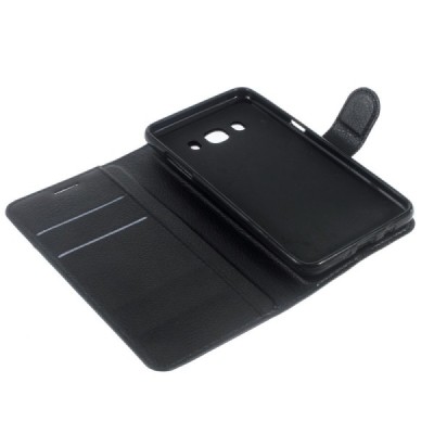 Samsung Galaxy J5 2016 (J510) atvēramais melns ādas Litchi maciņš (maks) | Vacins.lv