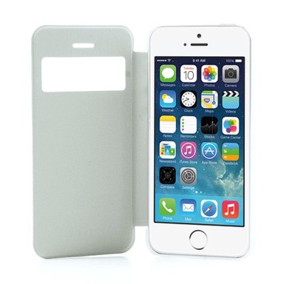 Atvēramais „S-View“ stila balts Apple iPhone 5, Apple iPhone 5S futrālis (maciņš) / Vacins.lv
