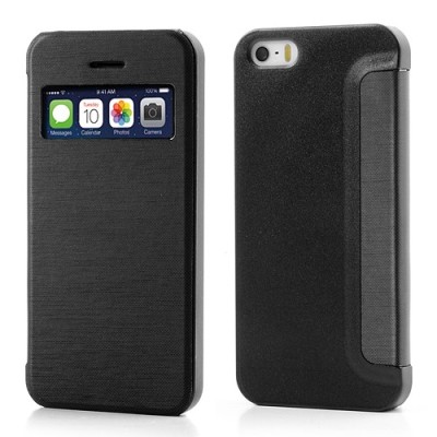 Atverčiamas juodas „S-View“ stiliaus Apple iPhone SE (5, 5s) dėklas / Priedai.lt