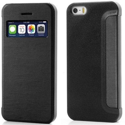 Atverčiamas juodas „S-View“ stiliaus Apple iPhone SE (5, 5s) dėklas / Priedai.lt