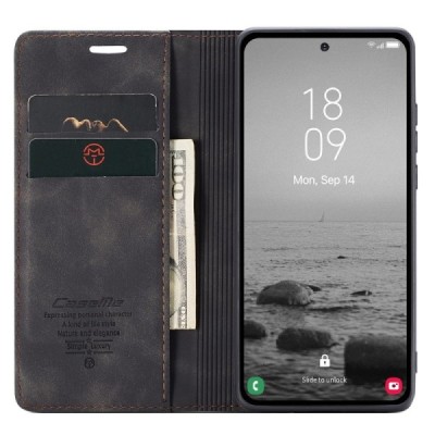 Samsung Galaxy A54 (SM-A546B) CaseMe Retro solīds atvēramais ādas melns maciņš - maks | Vacins.lv