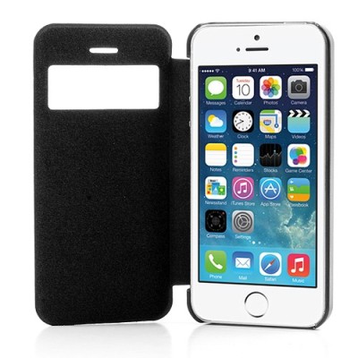 Atverčiamas juodas „S-View“ stiliaus Apple iPhone SE (5, 5s) dėklas / Priedai.lt