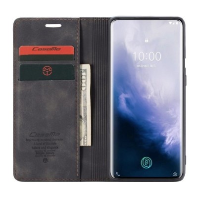 OnePlus 7 Pro CaseMe Retro solīds atvēramais ādas melns maciņš - maks | Vacins.lv