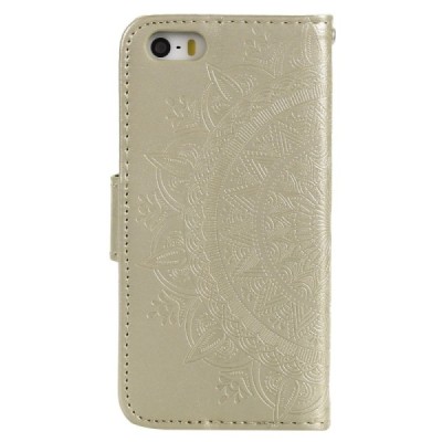 Apple iPhone SE 2016 (iPhone 5, iPhone 5S) atverčiamas auksinis „Mandala“ odinis dėklas - knygutė | Priedai.lt