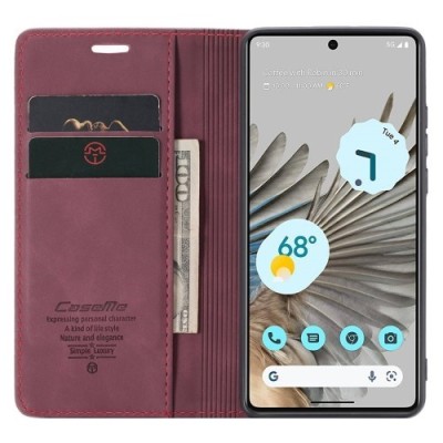 Google Pixel 7 Pro CaseMe Retro solīds atvēramais ādas bordo maciņš - maks | Vacins.lv
