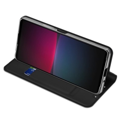 Sony Xperia 10 V „Dux Ducis“ Skin sērijas melns ādas atvērams maciņš | Vacins.lv