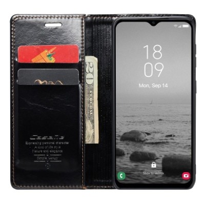 Samsung Galaxy A54 (SM-A546B) „CaseMe“ Leather solīds atvēramais ādas melns maciņš - maks | Vacins.lv