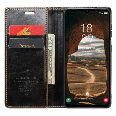 Samsung Galaxy A54 (SM-A546B) „CaseMe“ Leather solīds atvēramais ādas brūns maciņš - maks | Vacins.lv
