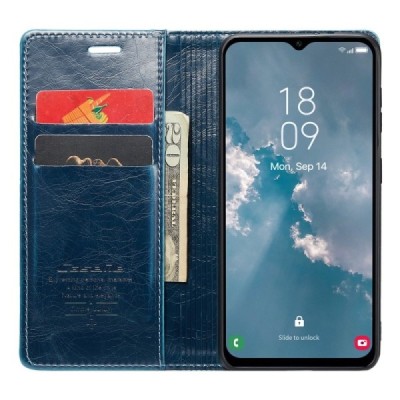 Samsung Galaxy A54 (SM-A546B) „CaseMe“ Leather solīds atvēramais ādas zils maciņš - maks | Vacins.lv