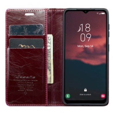 Samsung Galaxy A54 (SM-A546B) „CaseMe“ Leather solīds atvēramais ādas bordo maciņš - maks | Vacins.lv